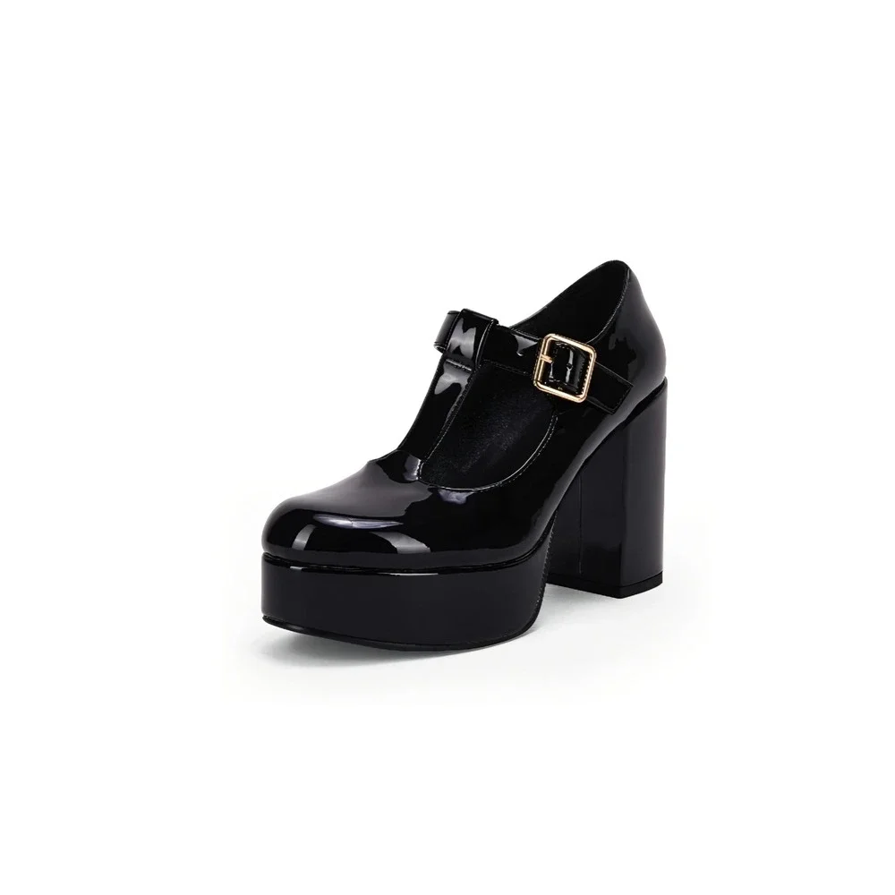Black Patent T-Strap Platform Mary Jane Pumps Chunky Block Heel Gothic Size 6